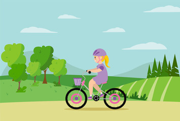 Obraz premium A girl in a helmet riding in the park.On the background of a field, trees, mountains. illustration