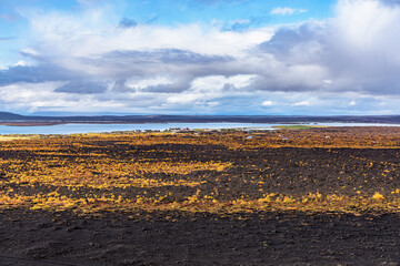 A small village at lake Myvatn in Iceland