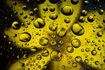 Rain drops on window with yellow flower in background