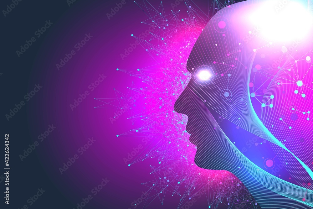 Poster Futuristic Artificial Intelligence and Machine Learning Concept. Human Big Data Visualization. Wave Flow Communication, Scientific illustration.
