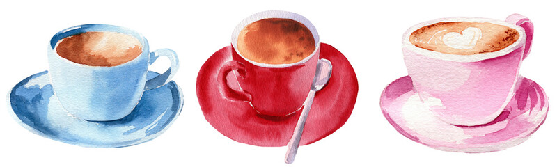 Watercolor illustration delicious cappuccino in a red pink and blue cup © Margarita