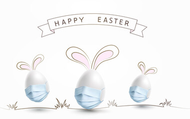 Eggs with face masks on white background. Vector medical safety corona virus protection poster. Easter special holiday banner