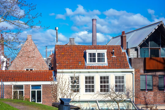 View on Leiden with old power plant chimney