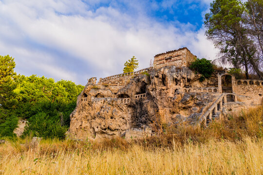 Civica, a monastery cave construction in stone. An historical village, tourism destination for mystery lovers in Guadalajara, Castilla-La Mancha Landscape