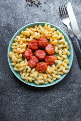 meatballs pasta tomato sauce plate second course portion on the table healthy meal top view copy space for text food background rustic image