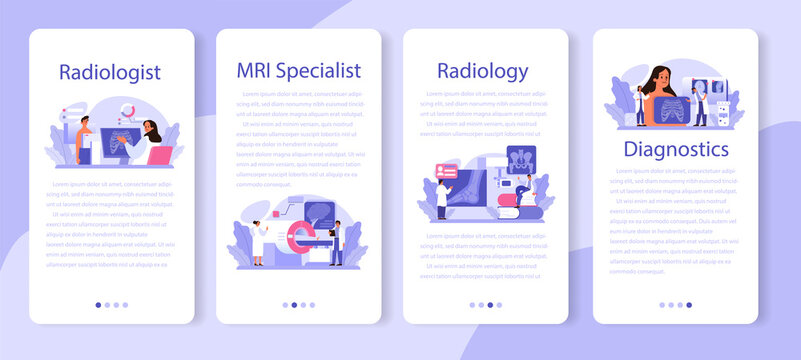 Radiologist mobile application banner set. Doctor examing X-ray image