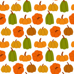 Autumn seamless pattern with pumpkins. Vector illustration. Orange, green and yellow pumpkin on a white backdrop. Autumn background for packaging, wrapping paper, fabrics,  kitchen towels, tablecloth