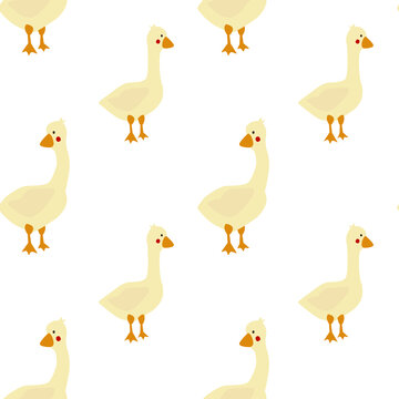 Simple Goose Pattern. Cute Farm Birds With Red Cheeks On A White Background. Vector Seamless Pattern For Wrapping Paper,  Baby Textile Or Diaper.