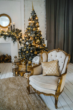 Retro sofa. Chair. Christmas tree and fireplace