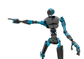 skeleton robot is pointing the way in white background