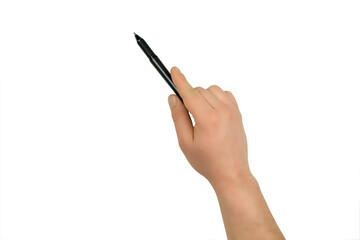 
male hand with a black pen, as a pointer, on a white background