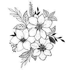 Flowers and leaves sketch. Bouquet of hand-drawn spring flowers and plants. Monochrome vector illustration in sketch style.