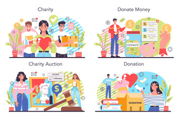 Charity concept set. People or volunteer donate stuff to help people.