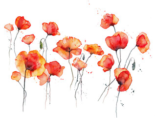 Red poppies watercolor illustration - obrazy, fototapety, plakaty