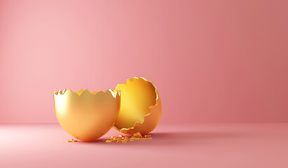 Empty Broken Golden Easter Egg on Pink studio background