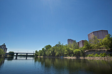 Hartford Connecticut waterfront on the Connecticut River in June.