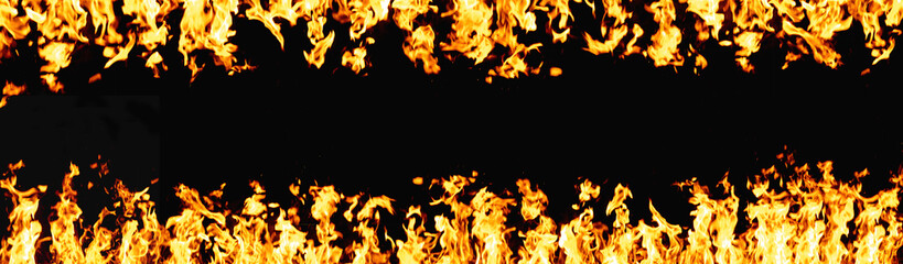 Fire banner. Flame frame. Hot blaze. Bright orange yellow warm bonfire heat with spark pattern isolated on black night abstract copy space background.