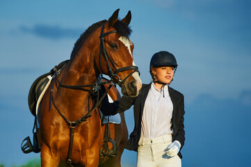 Beautiful horse rider girl stands near a horse on a farm  