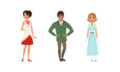 Young Man and Woman Wearing Retro Clothing Vector Set