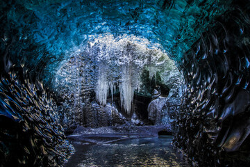 beautiful light reflections in an ice cave