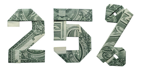 25 Percents Sale Sign Collage Money Origami Folded with 3 Real One Dollar Bills Isolated on White Background