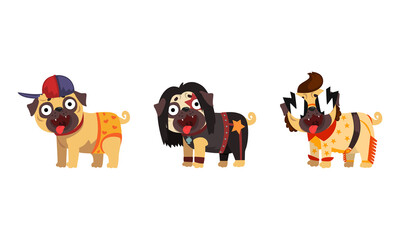 Funny Pug Dog in Colorful Costumes Vector Set