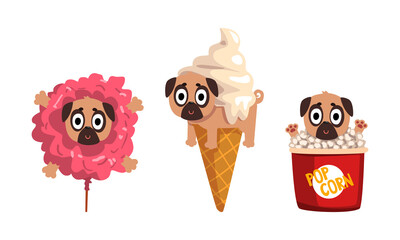 Cute Funny Pug Dog Character as Fast Food Ingredient Vector Set