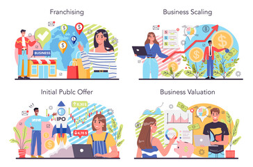 Business mechanism concept set. Idea of money increase and finance growth.