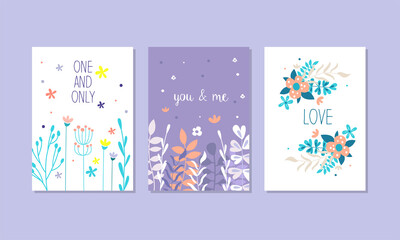 Floral Romantic Greeting Card for Valentine Day Vector Set