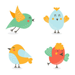Cute colorful birds isolated on white background. Spring holidays concept. Cartoon style vector illustration.