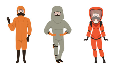 Man and Woman Wearing Protective Uniform with Breathing Gas Mask Vector Set