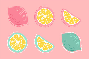 Lemon, orange, lime. Set of hand-drawn pencil, pen in cartoon style isolated on pink, bright background. For a logo, print on a T-shirt, bag, sticker.