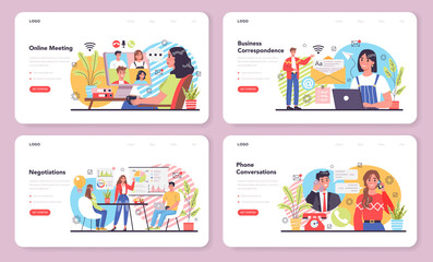 Business negotiations web banner or landing page set. Business meeting