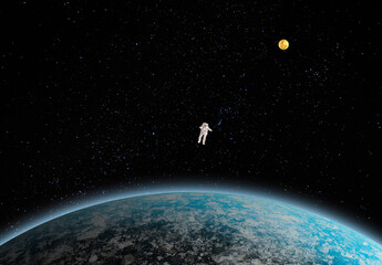 3d image illustration One statue or plastic model astronaut or spaceman floating alone in space galaxy with planet and copy space