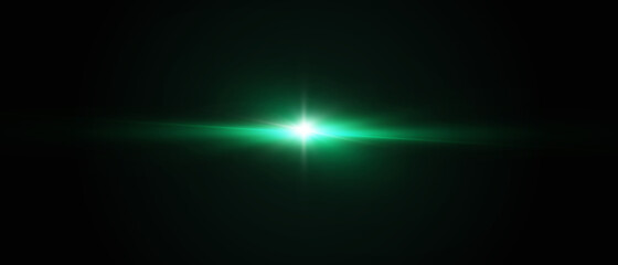 Realistic light glare, highlight.  Beautiful bright lens flares. Lighting effect of flash. Green glitter shining star, glowing spark isolated on black background. Vector EPS10