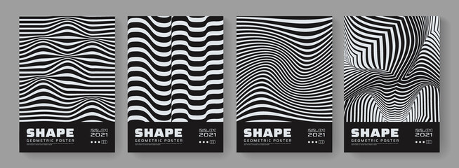 Set of Optical illusion posters. Abstract stripes. 3d wavy lines background.