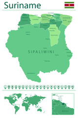 Suriname detailed map and flag. Suriname on world map.