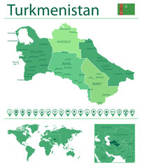Turkmenistan detailed map and flag. Turkmenistan on world map.