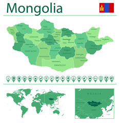 Mongolia detailed map and flag. Mongolia on world map.