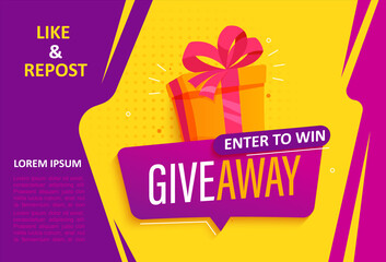 Giveaway banner, calling to repost if like. Enter to win web banner with gift box with prize to winner. Template design for social media posts, flyer. Offer reward in contest, vector illustration.