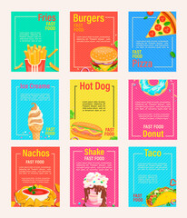 Big set of fast food shop menu pages for cafeteris,restaurant,bistro.Flyers,banners of fries,pizza,hot dog,burger,nachos,taco, donut,shakes and ice cream.Design template for food truck.Takeaway snack.