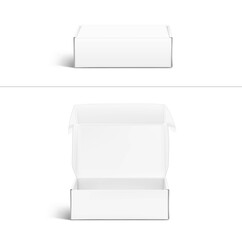 Realistic open box mockup. Open and close view. Ready for presenting your product. Vector illustration isolated on white background. EPS10.