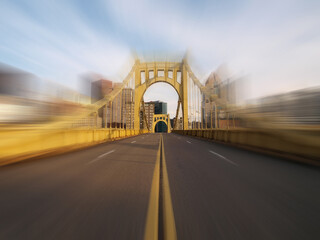 Big empty bridge in downtown Pittsburgh Pennsylvania with motion blur.