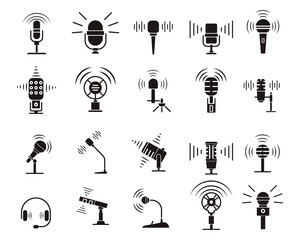 Microphone silhouette icon set.