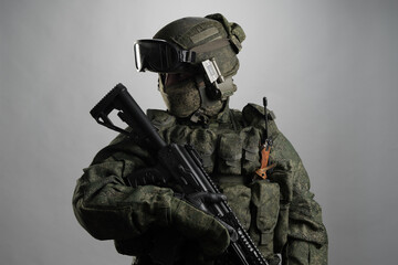 Male in russian infantry protect uniform. Isolated on grey background.