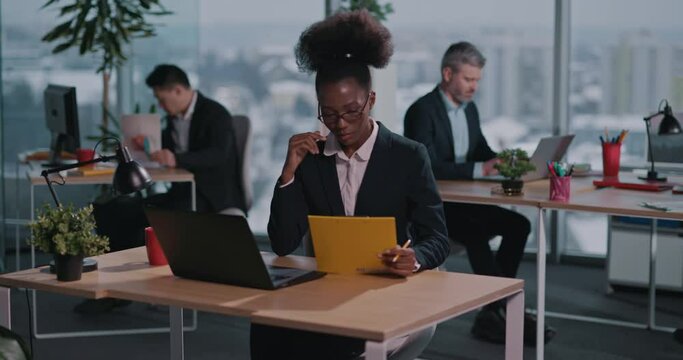 Afro-american young woman executive doing business tasks having trouble internet connection loss deadline suffering at desk. Corporate people.