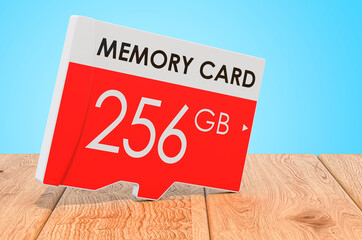 Memory card on the wooden planks, 3D rendering