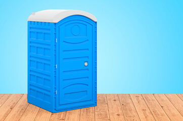 Mobile portable blue plastic toilets on the wooden planks, 3D rendering