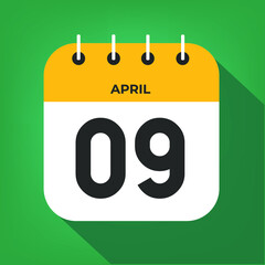 April day 9. Number nine on a white paper with yellow color border on a green background vector.