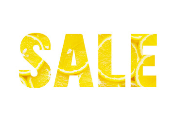 Bright yellow lettering Sale, carved from oranges on a white background.banner for your store or website.Sale holiday. Layout.Top view